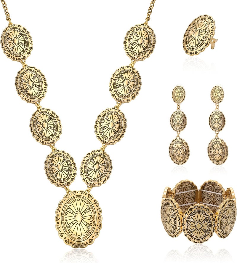 JMScape 4 PCS Western Turquoise Jewelry for Women Boho Vintage Navajo Pearl Necklace Earring Bracelet Ring Set Country Cowgirl Accessories for Gift - Image 1